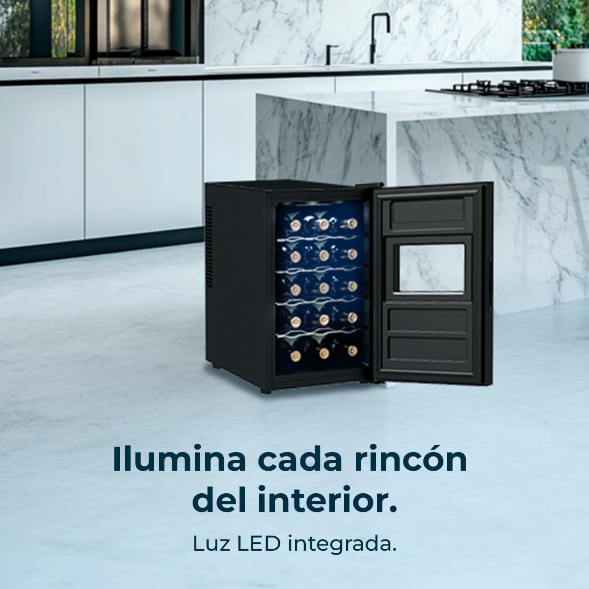 Cecotec Vinoteca Bolero GrandSommelier 1550 CoolCrystal. Bodega para 15 botellas, temperatura ajustable de 5-18ºC, enfriamiento termoeléctrico, silenciosa con 35 dB, panel táctil y LED eco-friendly.