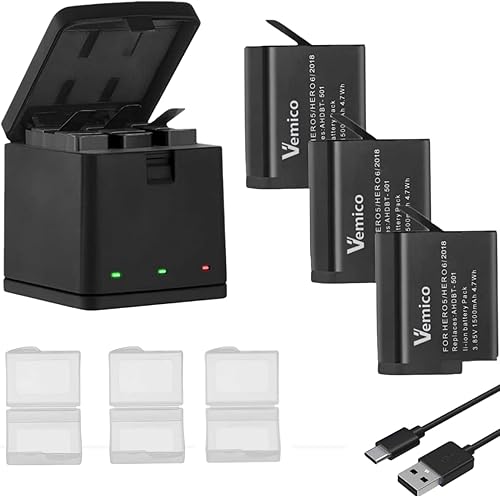 Vemico Batería Gopro Hero 765 1500mAh Baterías de repuesto (paquete de 3) y cargador USB LED tipo C de 3 canales para Gopro Hero 7 NegroHero 6Hero