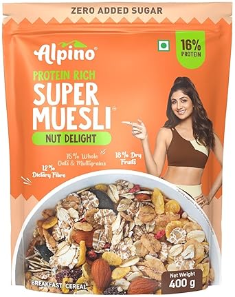 Alpino Health Foods Alpino Super Muesli Nut Delight 400 G | 20% Dried Fruits & Nuts | 69% Whole Grain Breakfast Cereal | High in Iron | Source of Fibre | Finest Nuts & Raisins | No Sugar Infused Fruits - image, photos