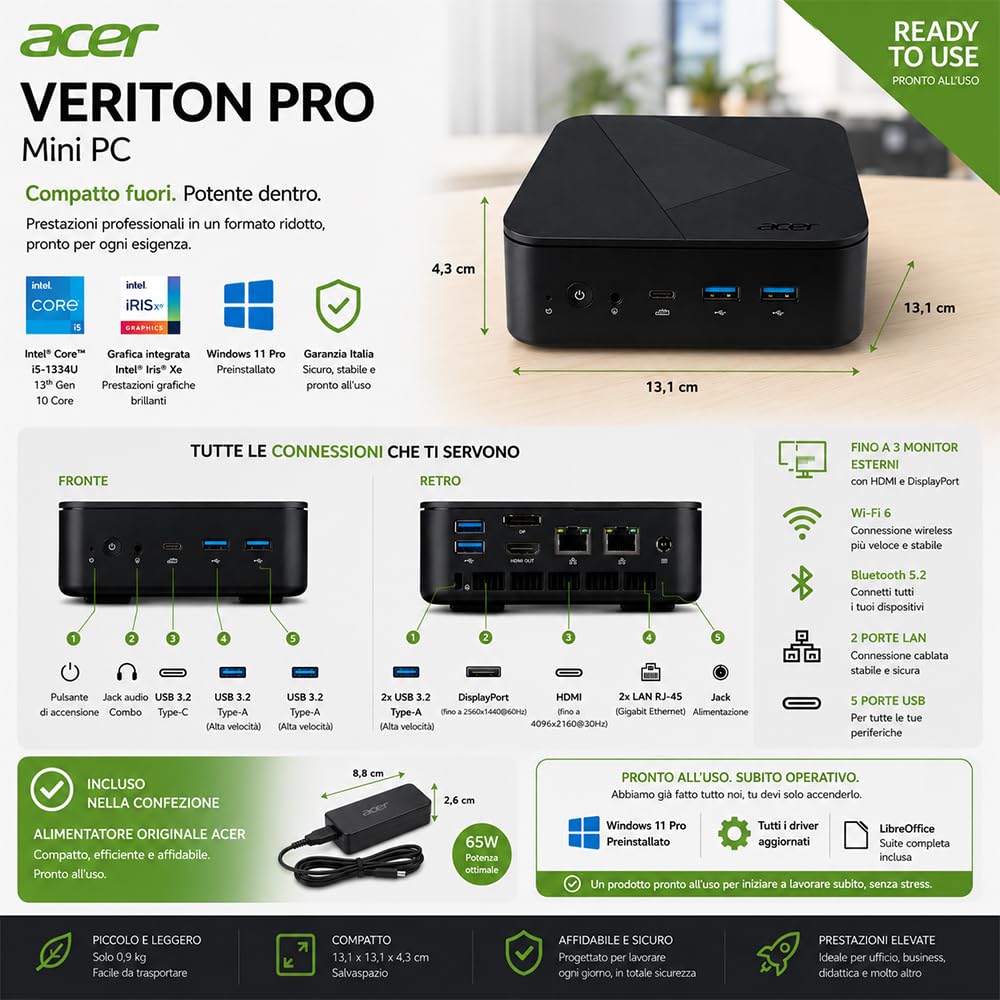 Acer Veriton Mini PC Intel i5-1334U 16GB RAM DDR4 SSD 512GB PCIe