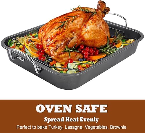 Miniatura 2 de Mikim Sartén para asar pavos con estante, sartén grande para pavo, sartén para pavos para horno, asador de pollo, sartén antiadherente para pavo,