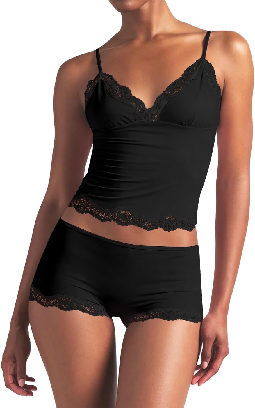 LEEDYA Womens Cami Pajama Set Sexy 2 Piece Sleeveless Pjs Summer V Neck Tank Top Y2K Lace Trim Sleepwear Lounge Set