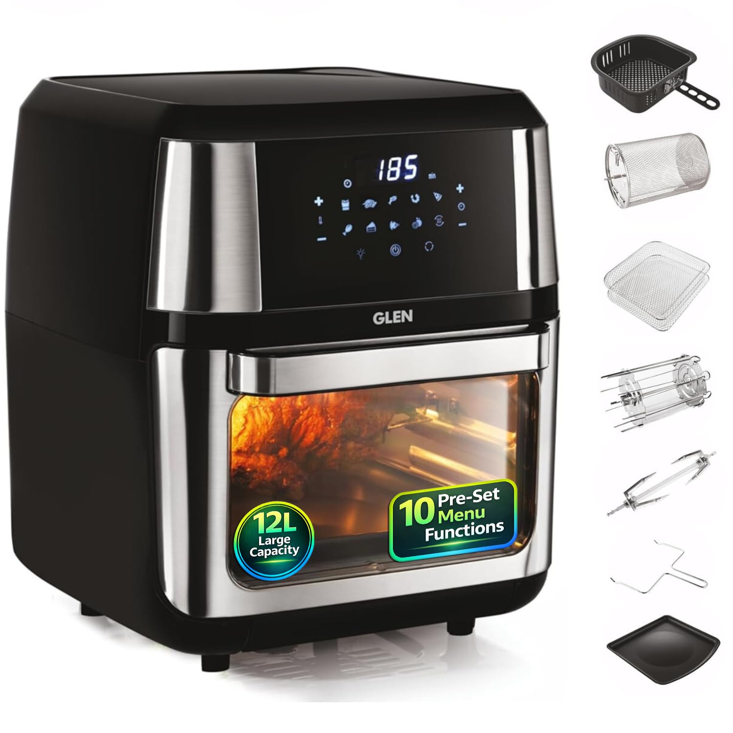 Glen 12L Air Fryer Oven 1800W with Rotisserie | Large Capacity OTG Air Fryer Combo |10 Presets, Digital Touch Display | Bake, Grill, Roast &Toast|PTFE, PFAS, PFOA & Microplastics free |2Y Warranty