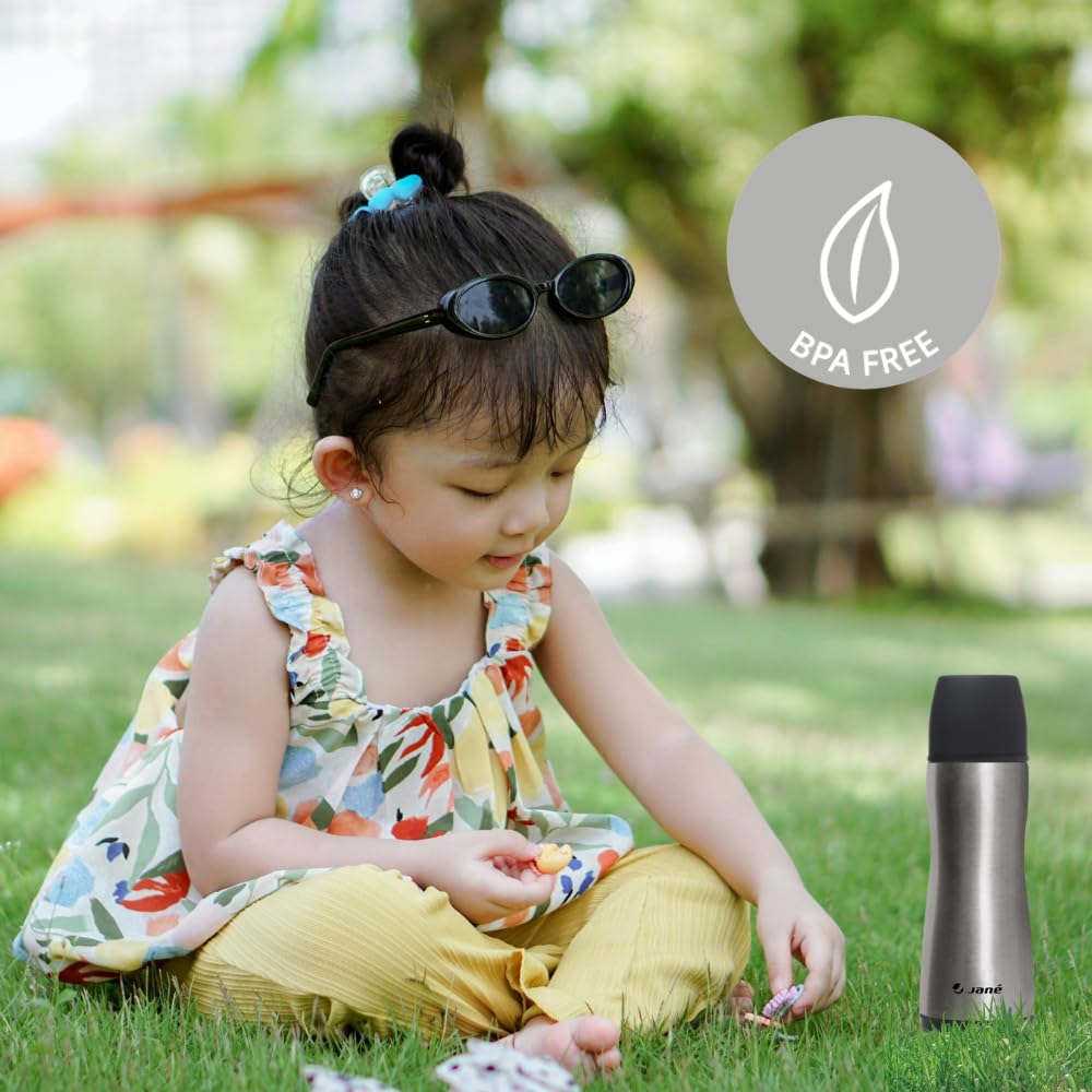 Jané Termo Líquidos, Acero Inoxidable, 300 ml, con Tetina de Silicona, Incluye Bolsa de Neopreno, Mantiene el Calor hasta 10 horas, Gris