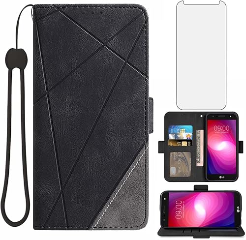 Asuwish Compatible con LG X ChargeFiesta 2 LTEX Power 2X5LV7 Funda tipo cartera y protector de pantalla de vidrio templado Flip Cover Cover Card