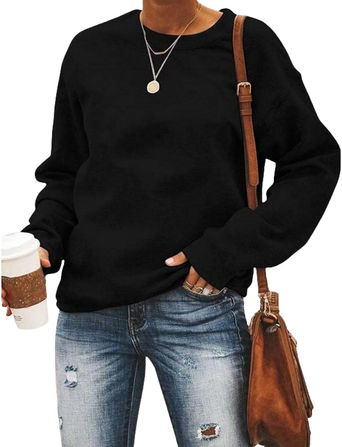 Womens Sweatshirts Crewneck Fleece Oversized Pullover Sweaters Casual Long Sleeve Solid Soft Lightweight Shirt