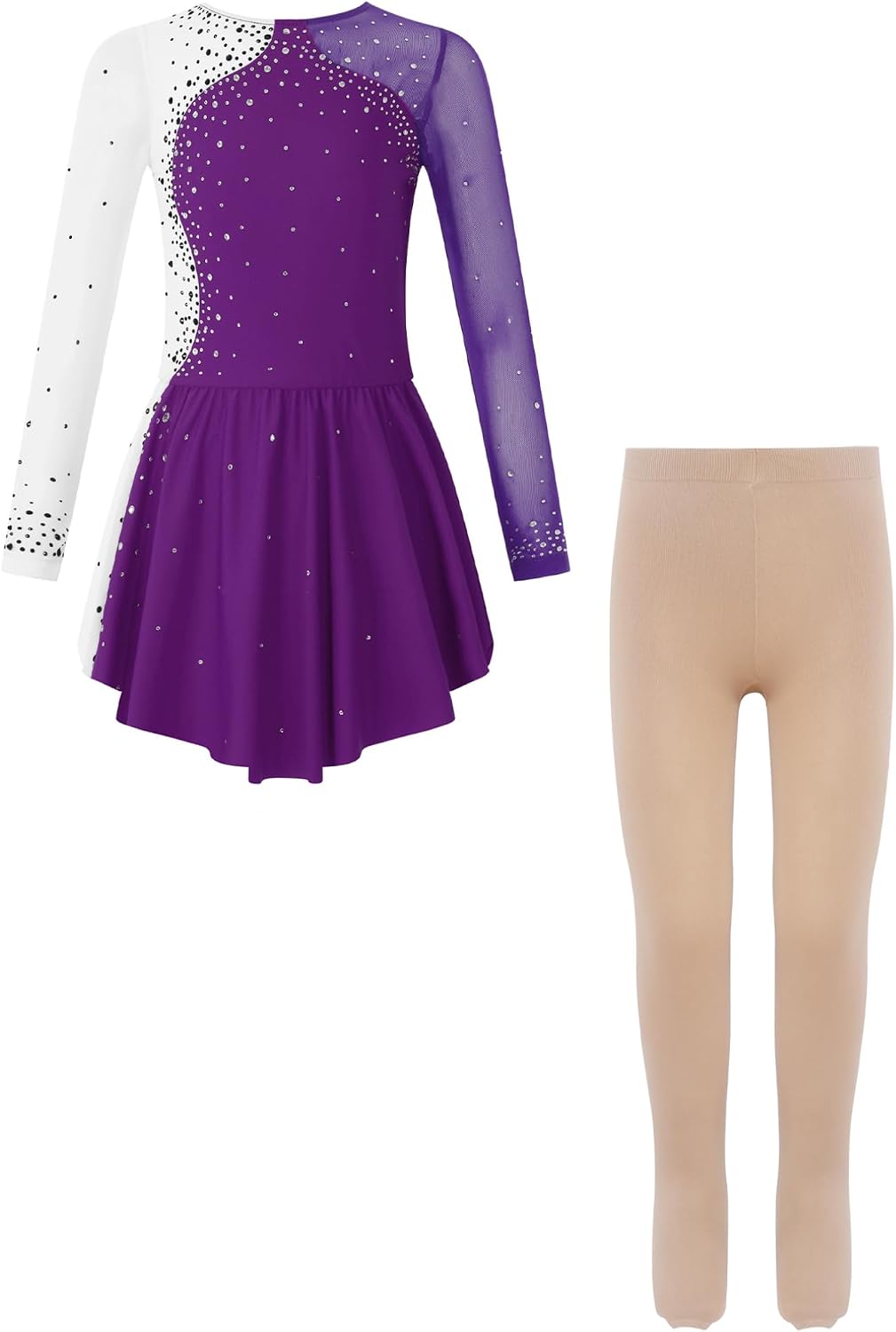 FEESHOW Girls Figure Skating Dress with Tights Set Long Sleeve Rhinestone Dance Dress & Matching Boot Covers Tights