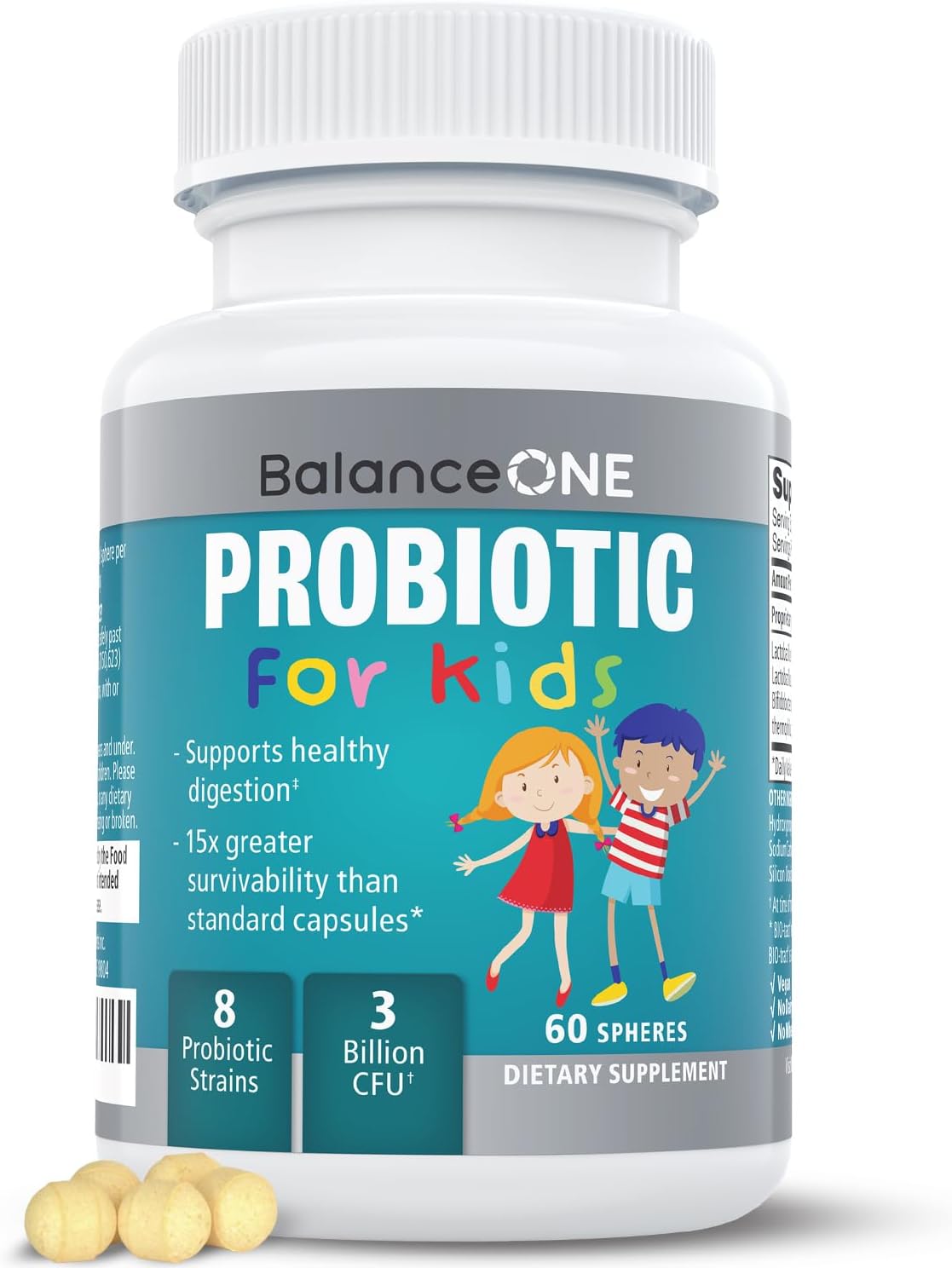 Balance ONE Probiotic for Kids & Teens Ages 4+ โ Up to 15x Better Survivability โ 3 Billion CFU, 8 Strains โ Time-Release Kids Probiotic Pearls, Sugar Free, Easy to Swallow, 2 Month Supply