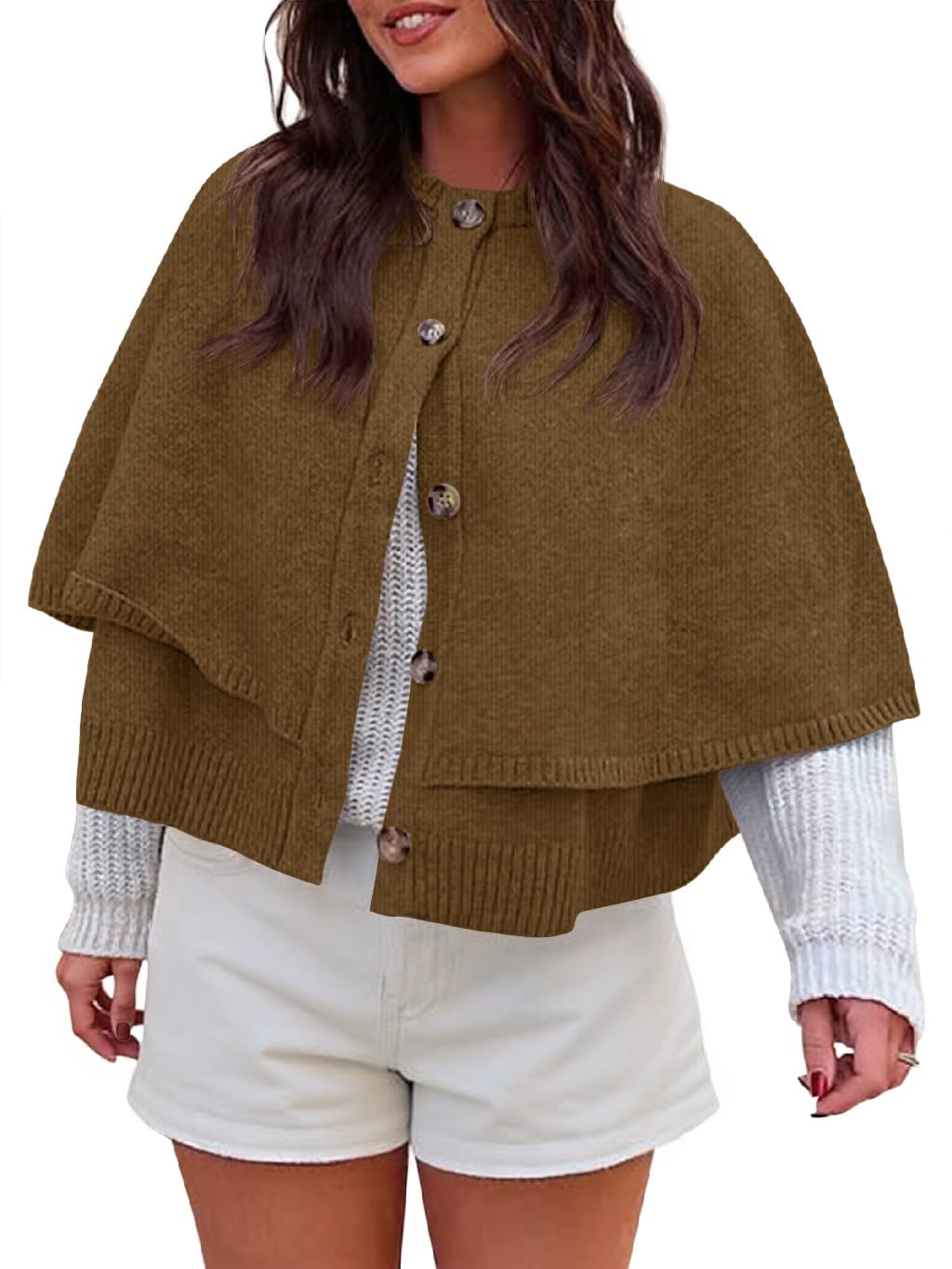 Saodimallsu Womens Cropped Cape Cardigan Button Up Crew Neck Jacket Shawl Fall Trendy Knit Sweater