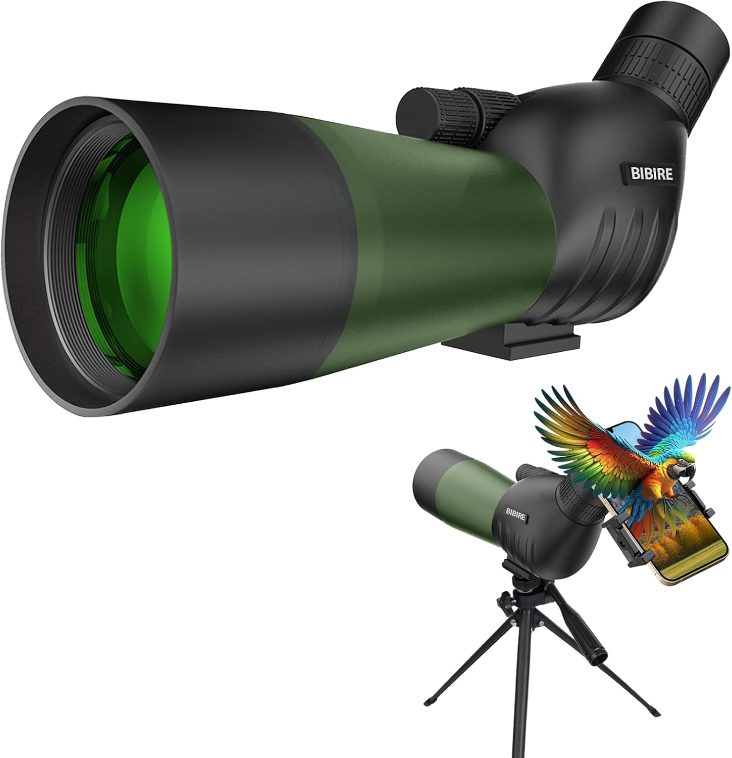 BIBIRE 25-75X60 Spotting Scope with Tripod Phone Adapter for Bird Watching | FMC & BAK4 Prism Spotter Scope Waterproof Compact Spotting Scopes Monocular Telescope for Wildlife Viewing Hunting (Green)