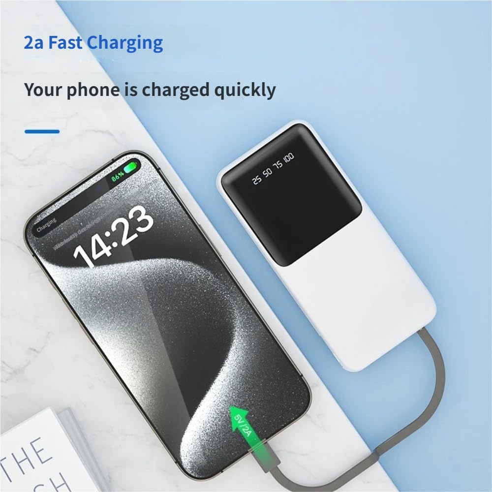 Banco de energía portátil de 10000 mAh, blanco, con cable de carga desmontable 4 en 1 integrado, pantalla de batería LED