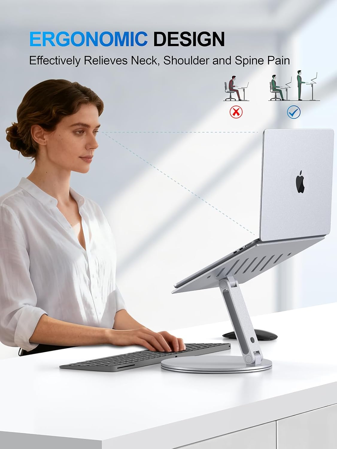 YICOSUN Adjustable Laptop Stand for Desk - 360° Rotating Ergonomic Riser with Aluminum Cooling Vents & Sturdy Construction for 10-16 Inch MacBook Pro/Air, Foldable Portable for Office & Home - Silver