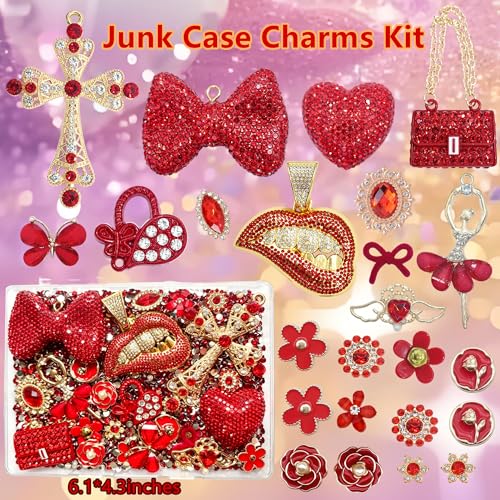 Junk Case Charms Kit,Red Junks Phone Cases,Large Charm Kit with 3D Rhinestone Cool teeth / lips / Bows / Chain Bags / Cross,Gold Bedazzling Kits Can Be Used in DIY Phone Case Designs,Big Charms for Customizing DIY Cases,Flatback Rhinestone for Customizing DIY Craft Accessories