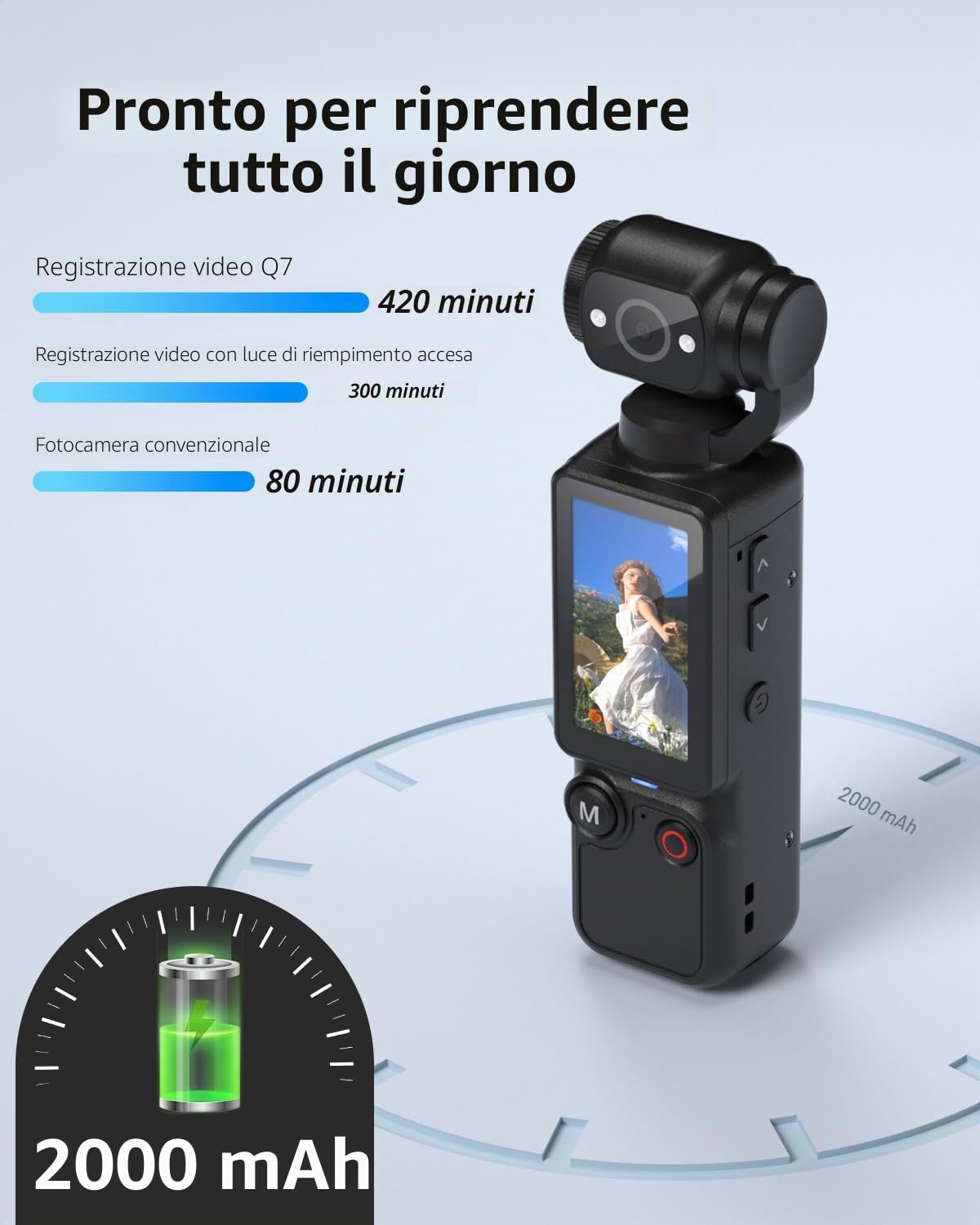 W & O Videocamera Vlogging con obiettivo rotante a 180°, fotocamera tascabile con registrazione audio e video, batteria da 7 ore, telecamere POV portatili con scheda da 32 GB, facile registrazione con