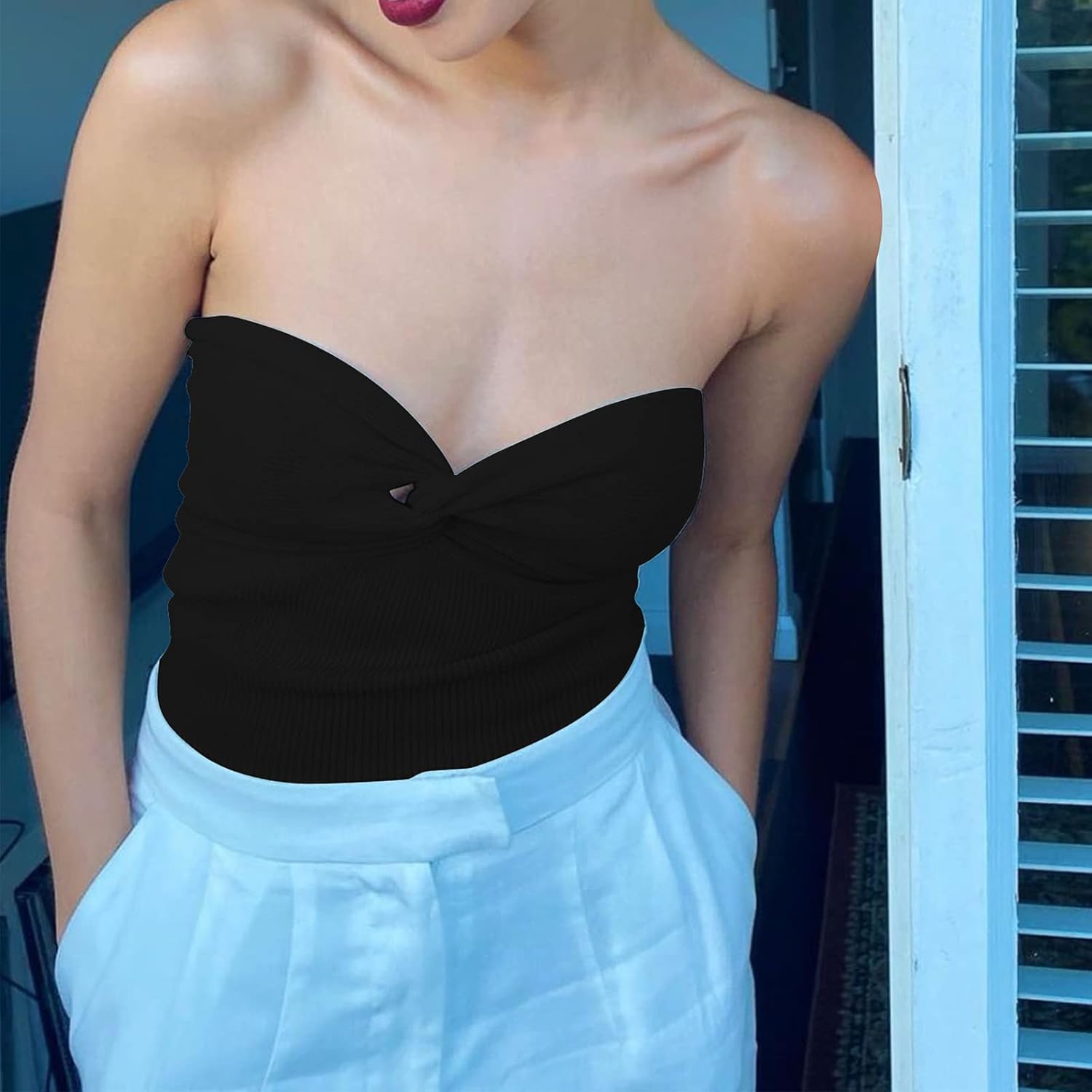 Women's Sexy Crop Tops Strapless Twisted Front Ribbed Knit Tube Top Sleeveless Sweetheart Neck Y2K Camisole Tank Top - Image 3