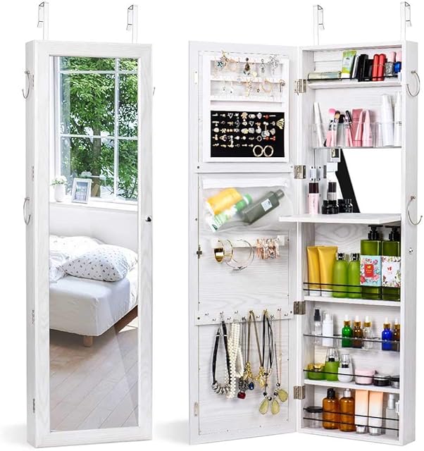 HOUSE DAY Jewelry Cabinet Wall Door Mounted Jewelry Organizer Mounted Lockable Jewelry Armoire Organizer with Full-Length Mirror Dressing Mirror Makeup Jewelry Storage (White)