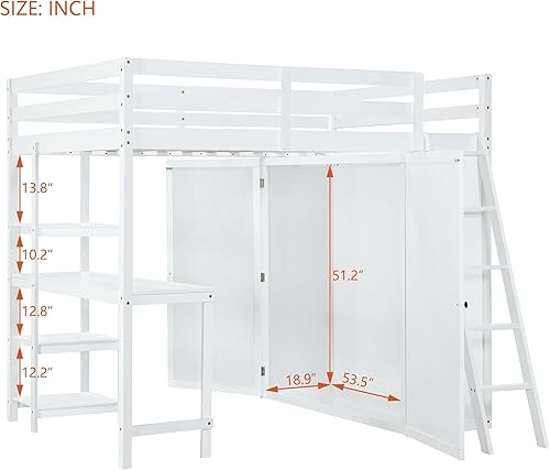 Miniatura 11 de Cama alta funcional tamaño individual con 2 cajones y 2 armarios, base de cama de madera maciza con barandilla de seguridad y escalera de