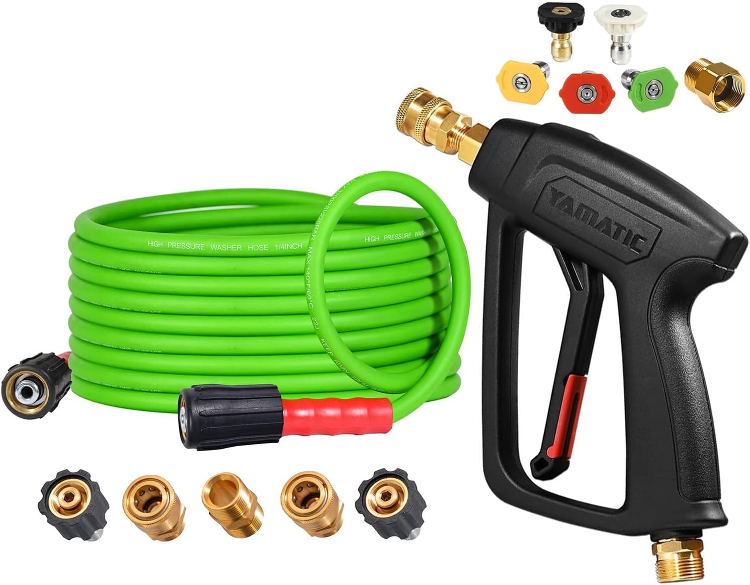 YAMATIC Super Flexible Pressure Washer Hose 25FT X 1/4", High Pressure Washer Short Gun with M22-14mm Inlet, 5 Spray Nozzle Tips With M22-14mm x 3/8" Quick Connect Kit