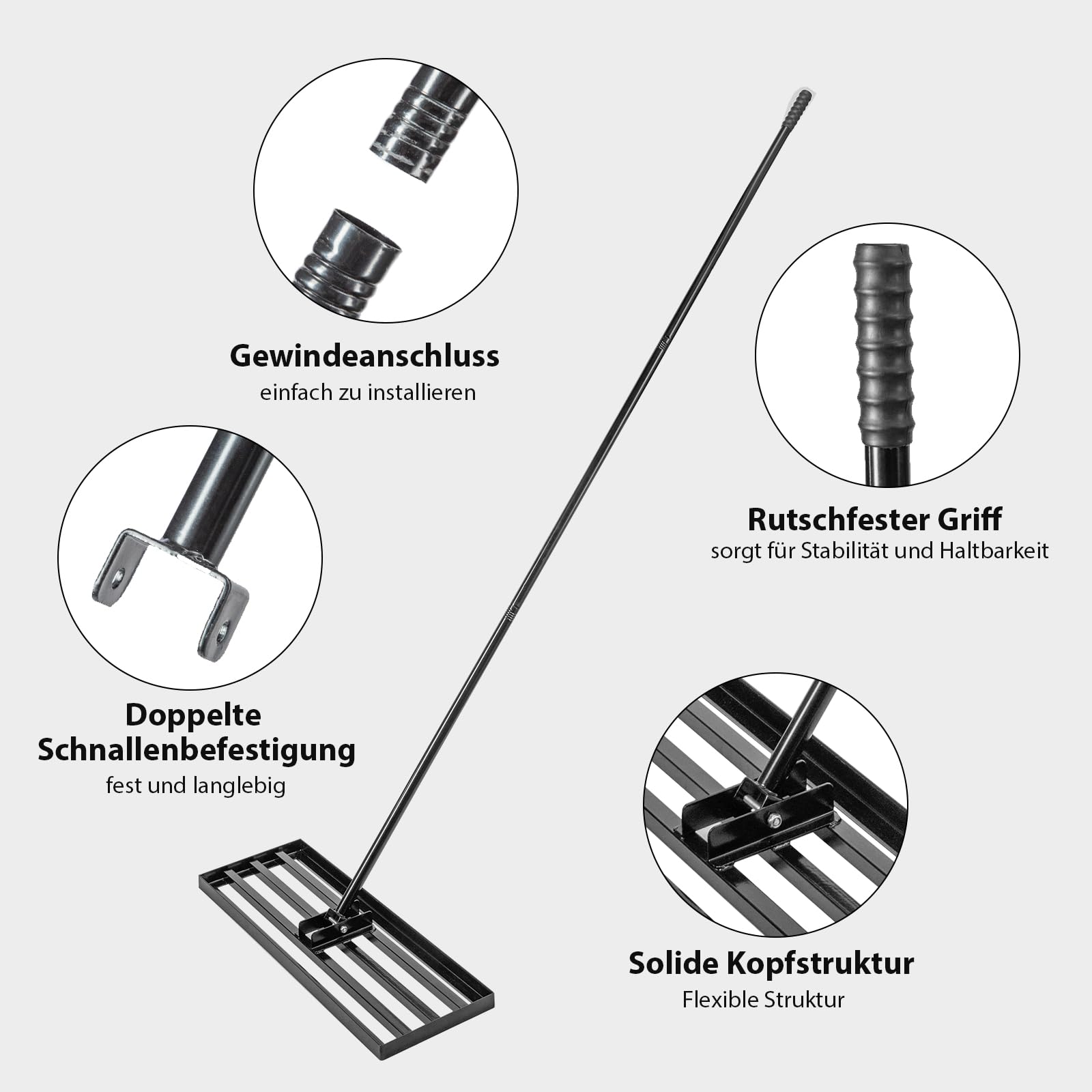 Lawn Levelling Rake 76 x 25 x 229cm, Rasenrechen Garden Grass Squeegee Sand Rakel Tool Scarifier with Long Handle Metal Rasen RechenRakel for Yard, Golf Course (76*25*229cm Black)