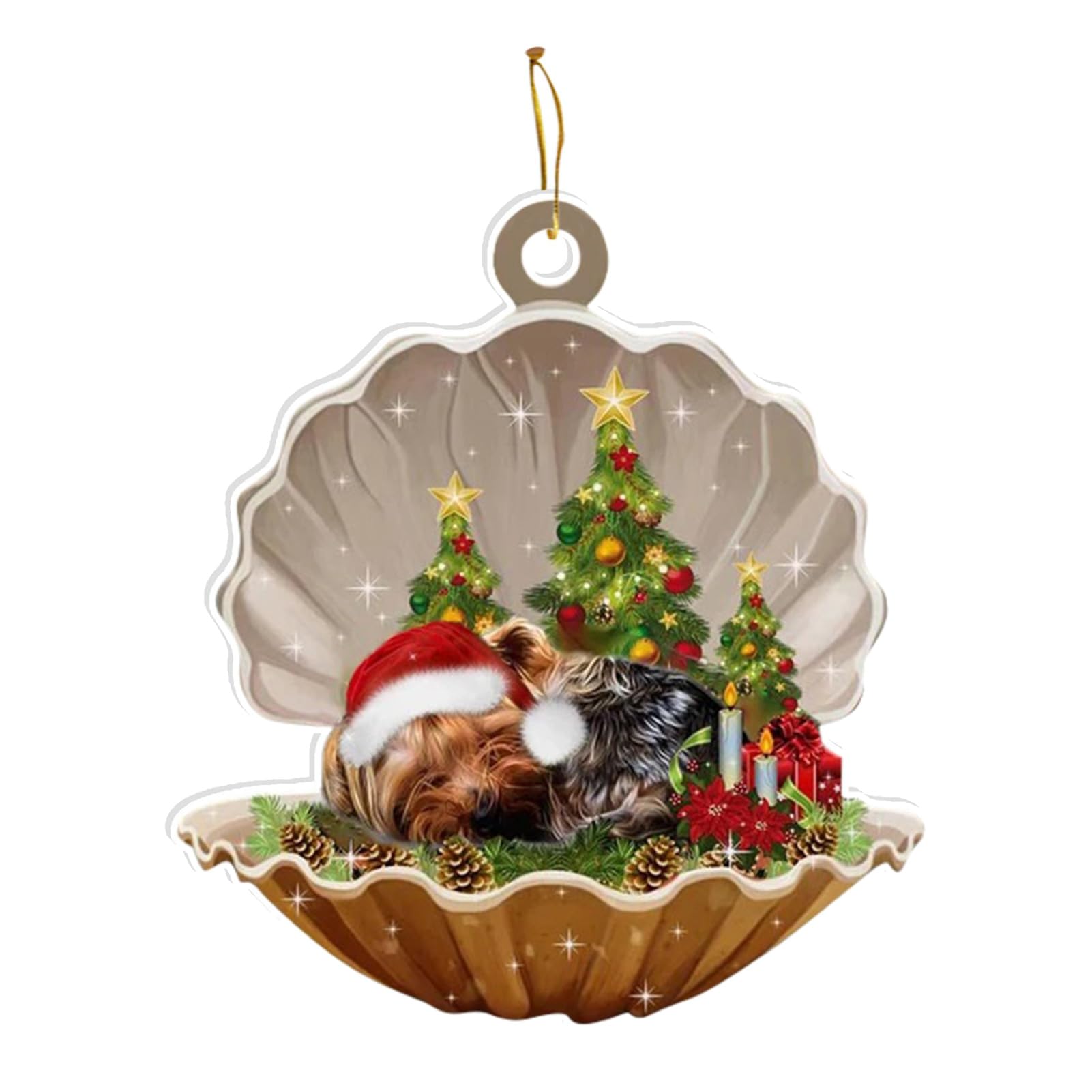 PRTECY Acrylic Christmas Shell Sleeping Dog Ornament Lovely Pug Sleeping in Pearl Decorative Hanging Ornaments for Christmas Trees, Keychain, Festival Decorations(A)