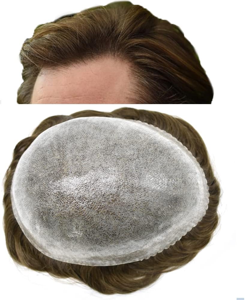 Toupee for Men's Hair Replacement System - Full Injected PU Durable Skin Wig - Soft Human Hair Piece - Grey 6"x9" #610 Light Brown+10% Gray-120% Medium Light to Medium