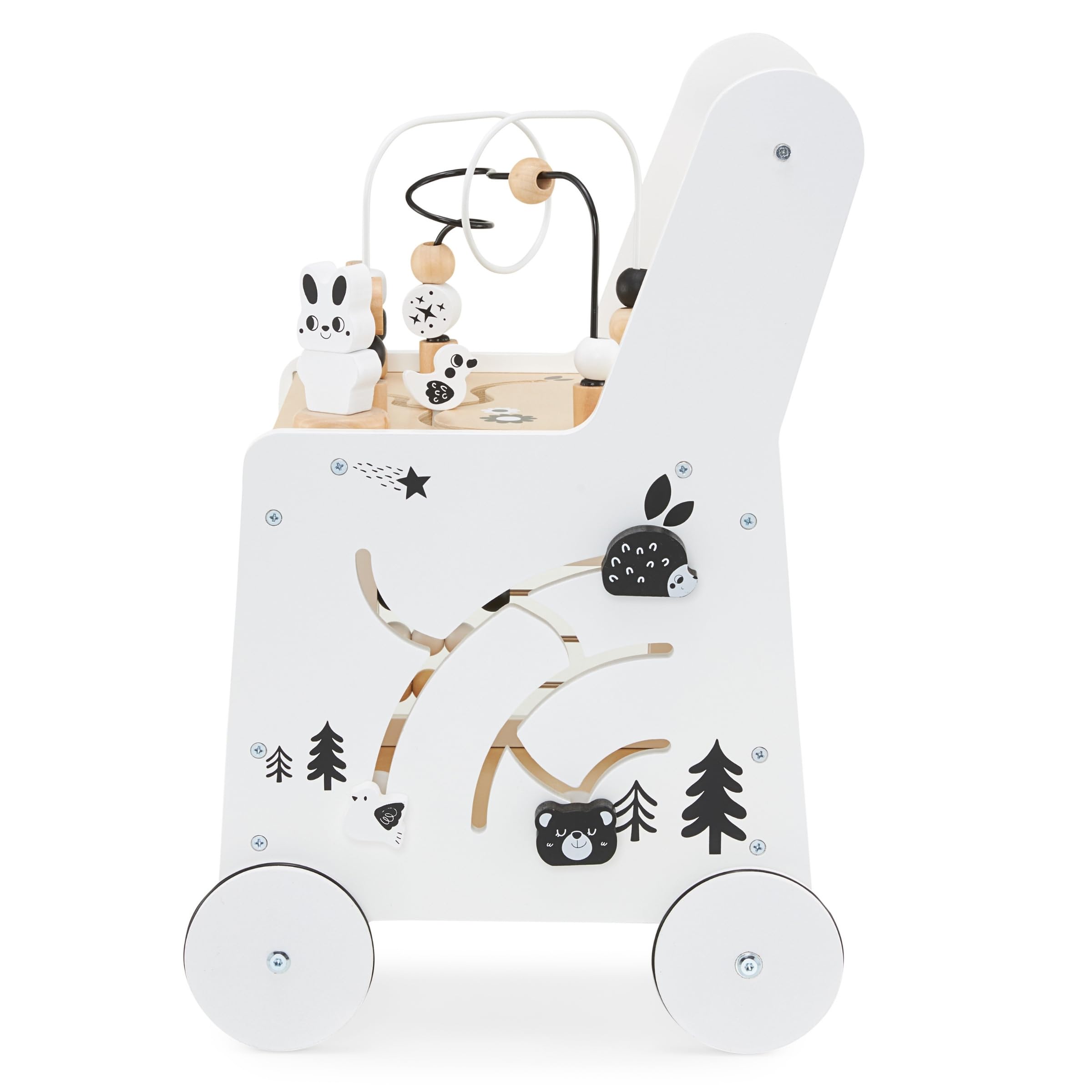 Mamabrum Caminadora y Andador Bebé 6 en 1 - Mesa Educativa de Madera con Ábaco, Engranajes y Juegos - Centro de Actividades para Primeros Pasos - 31 x 28 x 49 cm