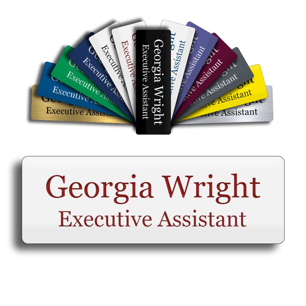 Custom Engraved Name Tag 1" x 3" Personalized Badge Magnetic or Pin Backing Made in The USA by Gem Awards (White w/Red Text)