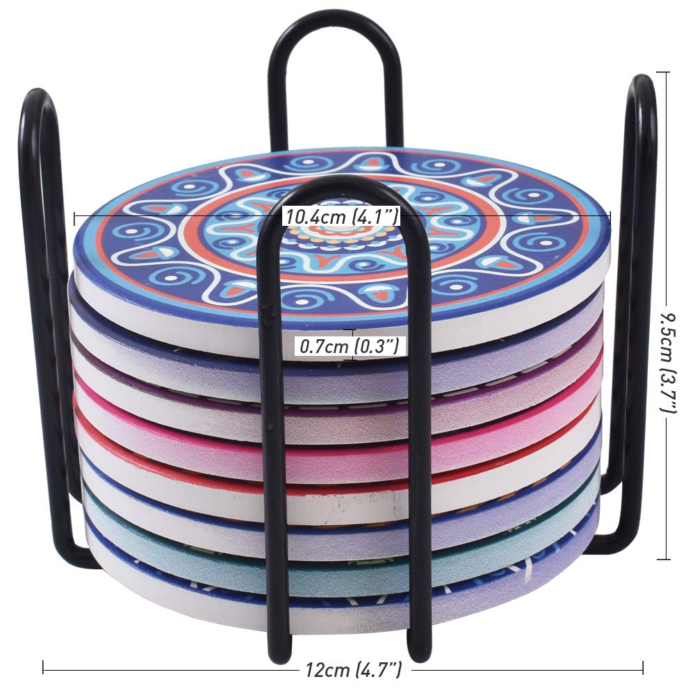 Sottobicchieri In Ceramica Con Motivo Mandala - Set Di 8 Con Porta Sottobicchieri In Metallo - Foto 8