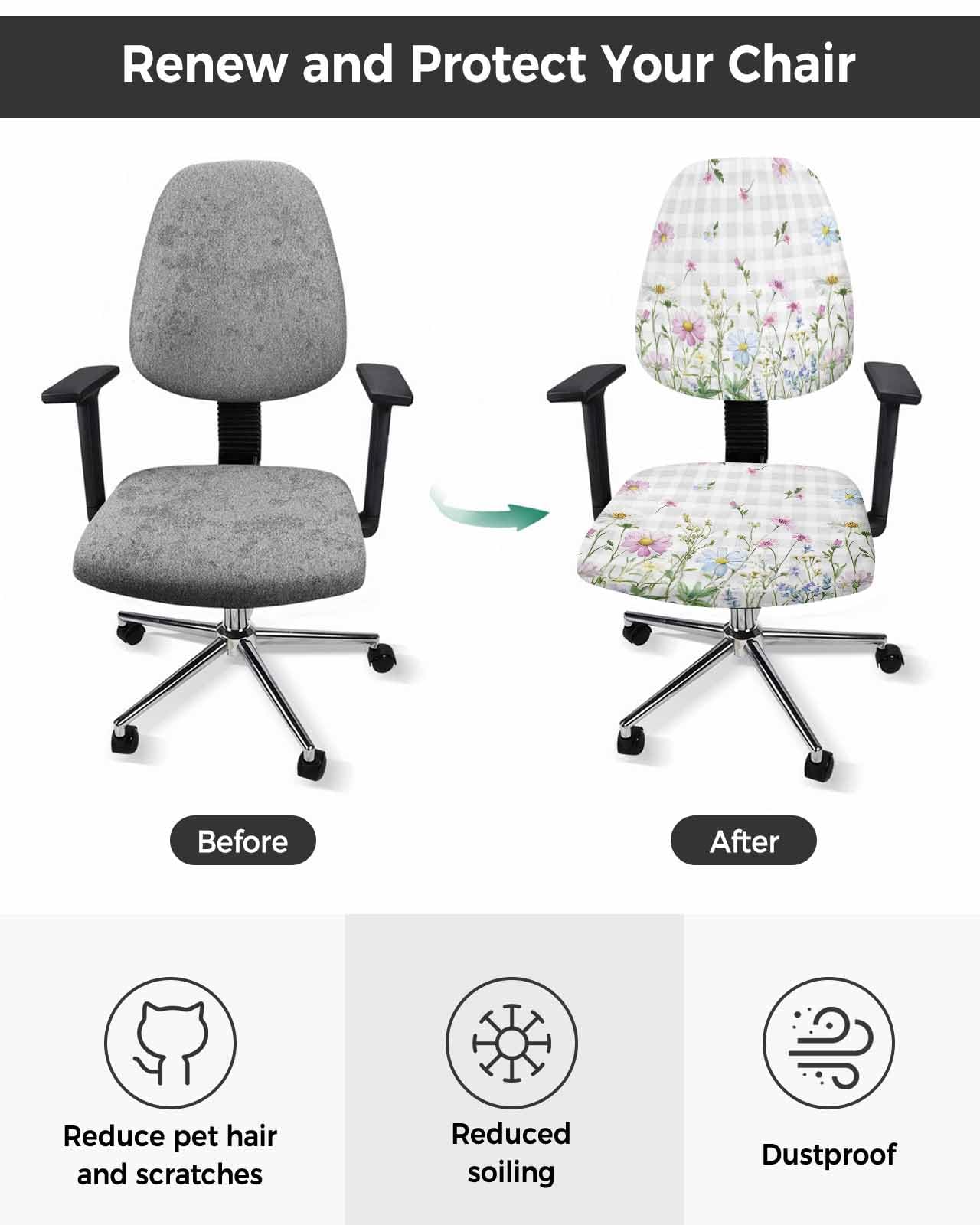 Flowers Leaves 2 Pieces Computer Office Chair Covers Set,Stretchable Desk Rotating Chair Seat Cushion Slipcover Back Covers,Spring Botanical Floral Herbs Gray Plaid Slipcover Back Cover Protector