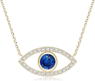 Natural Blue Sapphire Evil Eye Pendant Necklace in 14K Solid Gold for Women, Girls with 18" Chain | September Birthstone Jewelry Gift for Her | |Wedding | Anniversary | Engagement