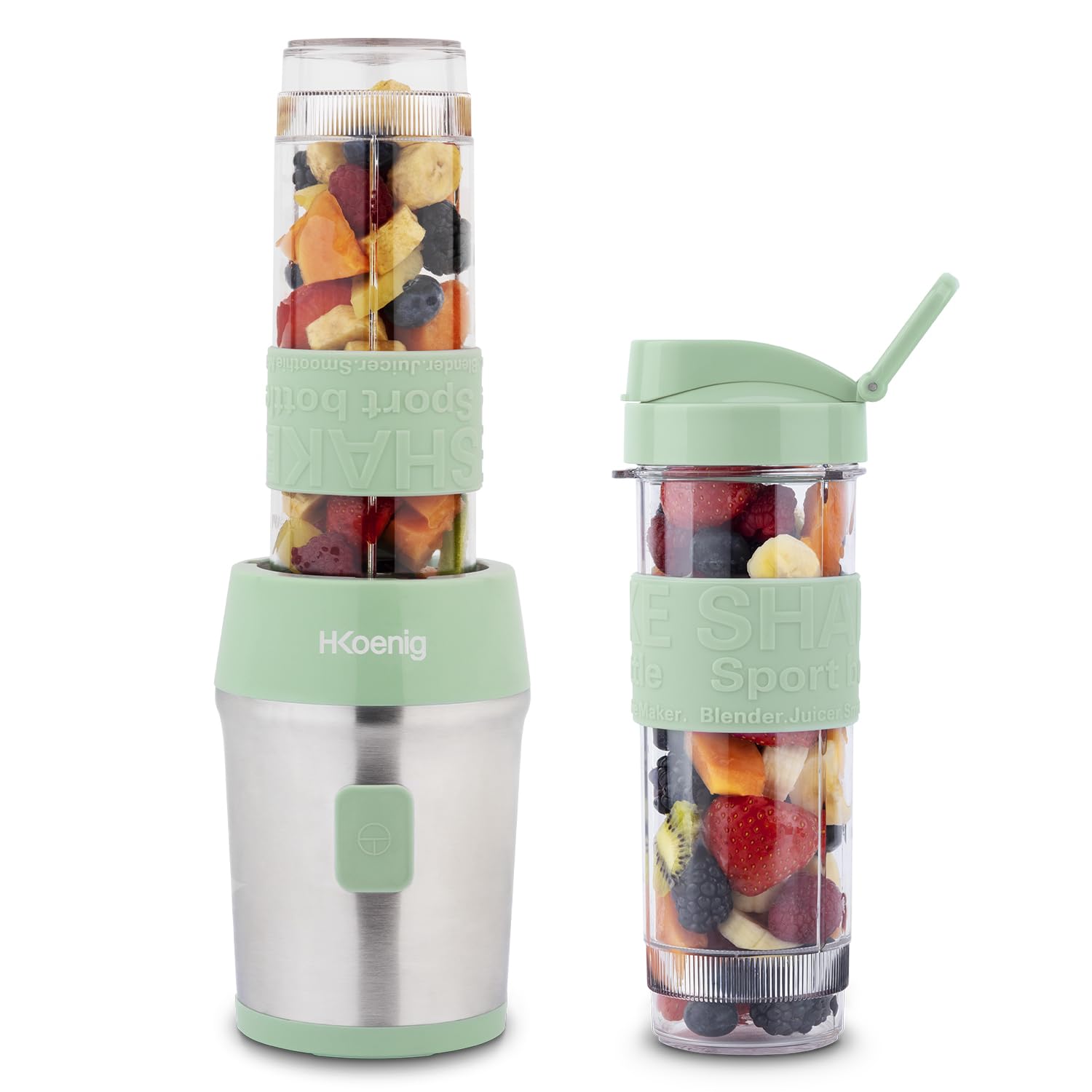 H.Koenig Mini Smoothie Maker Compact 570mL SMOO18 BPA-Free Powerful 300W, Smoothie Blender 2 Portable Bottles, 4 Stainless Steel Blades, Pastel Green