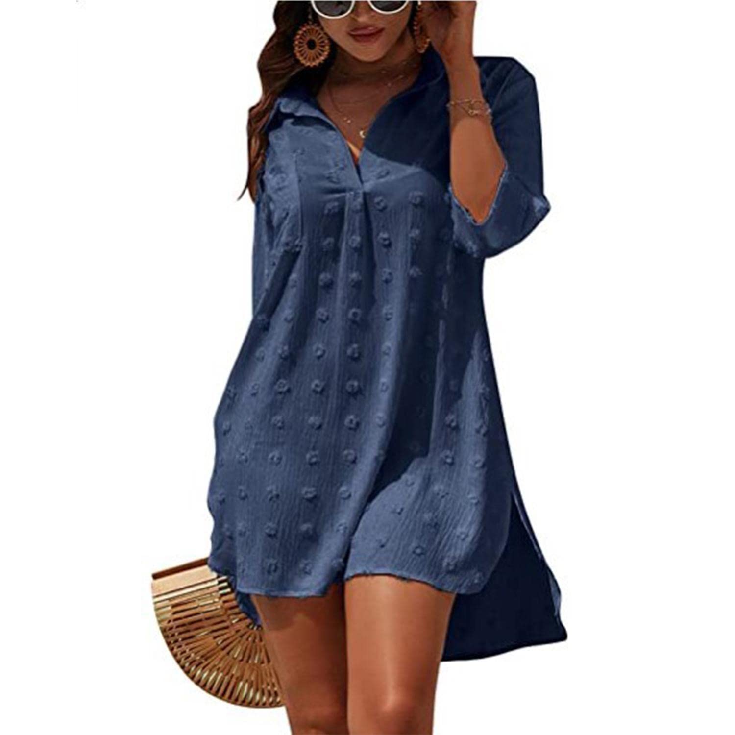 TBSCWYF Camisa Suelto de Bikini Casual Camisetas Mujer Manga Larga Cuello en V Blusas para Mujer Mujer Ropa de Baño Playa Traje de Baño Vestido de Bikini Camisolas y Pareos