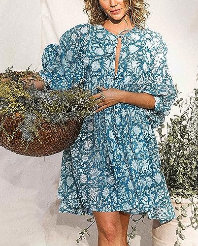 Image of Boho Dresses for Women Floral V Neck Puff SLVS Babydoll Short Beach Dress