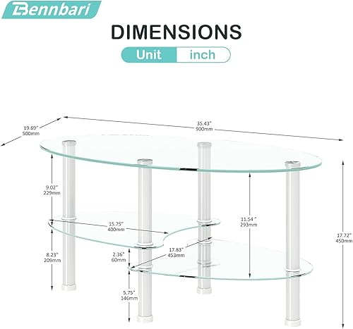 Miniatura 9 de Mesa de centro de vidrio ovalada, mesa de té de vidrio templado de 3 niveles, moderna mesa auxiliar de vidrio ovalada, mesa de vidrio de 3 capas con