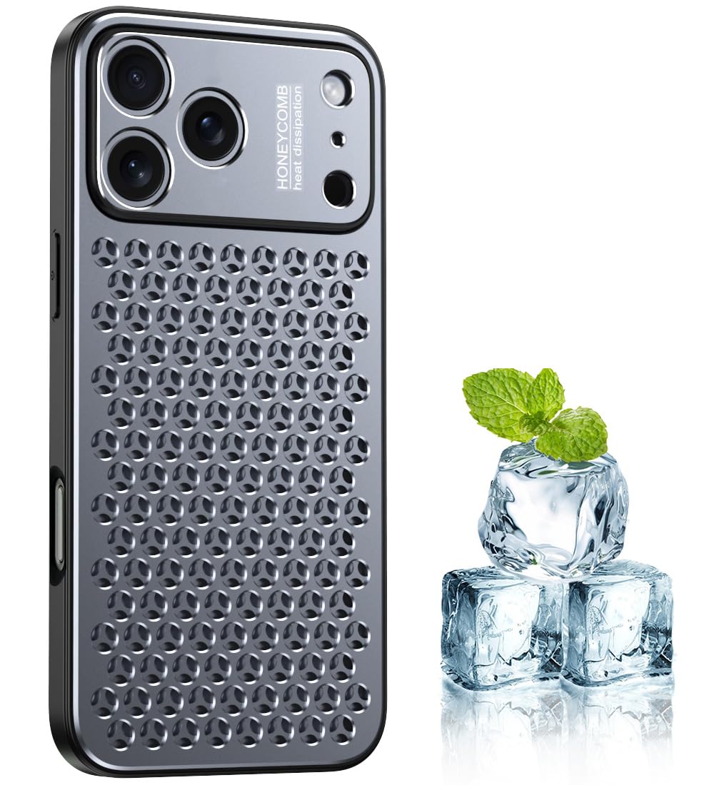 YUZOR iPhone 17 Pro Max 用 ケース アルミ合金 冷却 放熱 スマホケース 二層立体なハニカム構造 メッシュ 耐衝撃 米軍保護工学 アイフォン17 Pro Max カバー ストラップホールあり 6.9インチ (iPhone17ProMax 灰) FWJS-17ProMax-hui