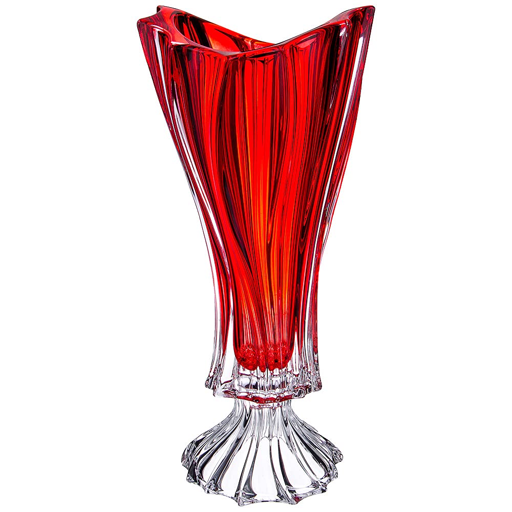 Bohemian Crystal 16" Footed Bud Vase Plantica, Bohemian Glass Red Stemmed Flower Jar