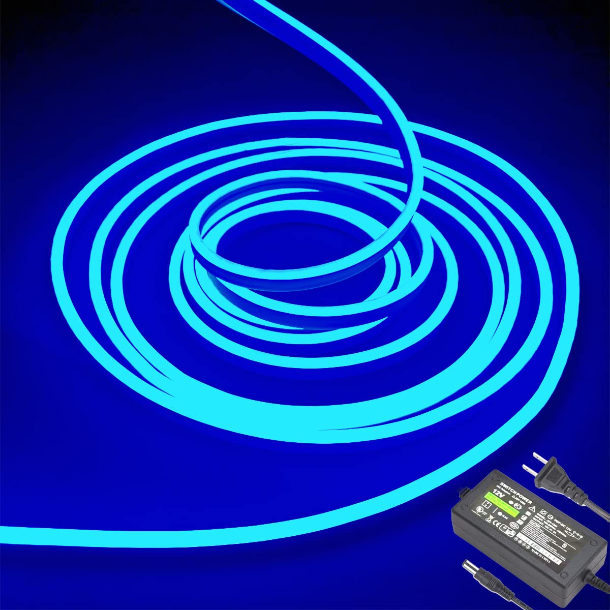 dobestyou Blue Neon LED Strip Lights - 16.4ft (5M) 12V DC 600 SMD2835 LEDs Waterproof Flexible Rope Light for Indoor/Outdoor Decor (Includes Power Adapter)