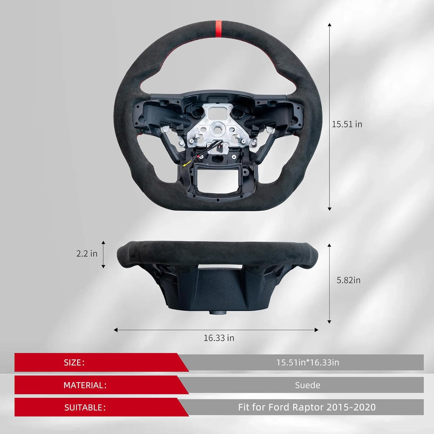 HANDCRAFTED FLAT-BOTTOM SUEDE Heated Steering Wheel for Ford F150 2015-2020,Ergonomic Anti-Slip Grip with Finger Grooves Sporty Upgrade(Paddle Spec)