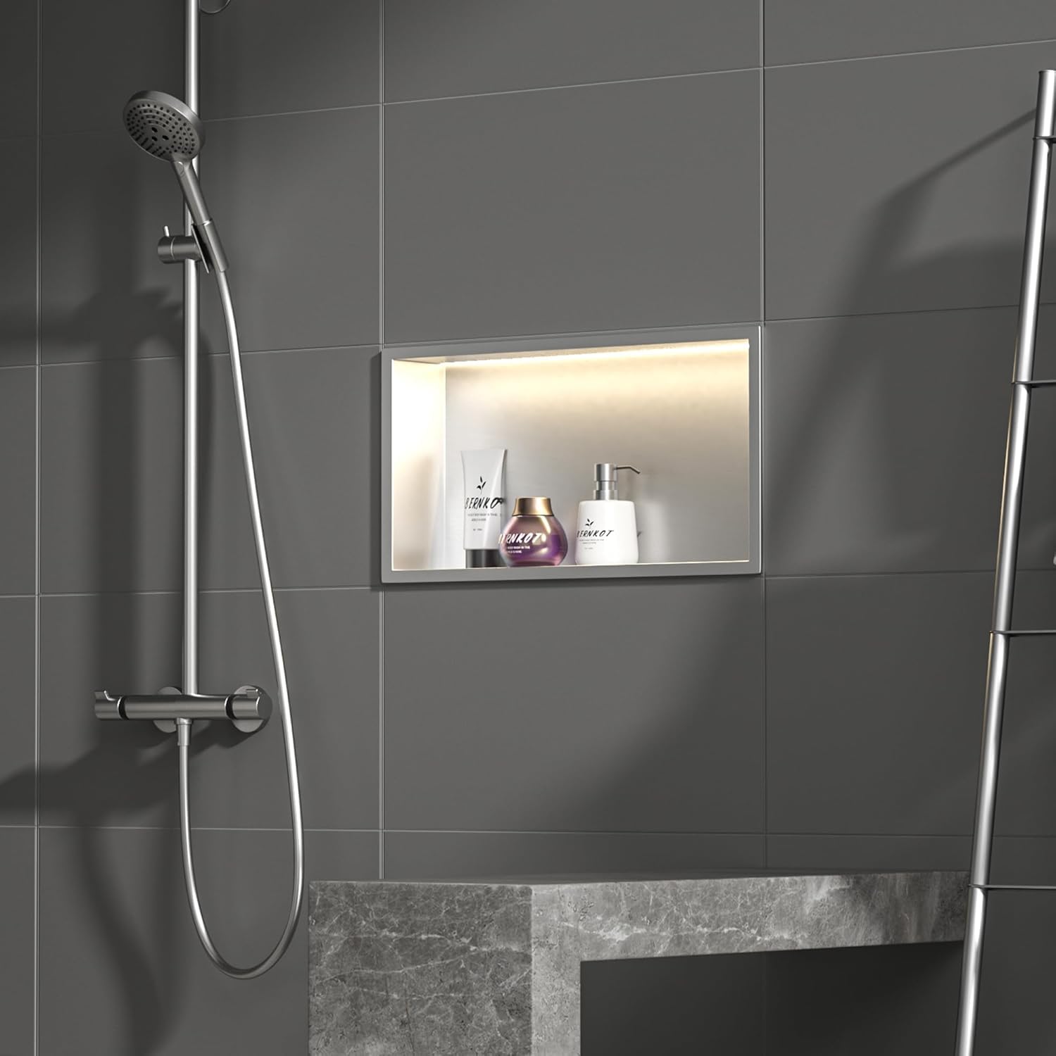 Nicho de ducha de acero inoxidable (600 x 300 mm) cepillado con luz LED, impermeable, sin necesidad de azulejos, hueco en la pared para almacenamiento en el baño mediante instalación de