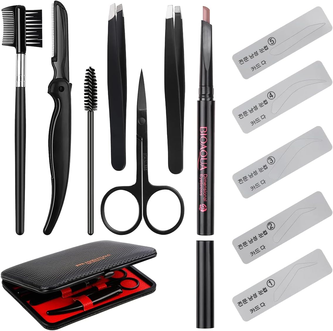 SENXILLER Eyebrow Kit Razor Pencil Brush Stencil Scissors Tweezers Grooming Kit with Mirror for Men and Women
