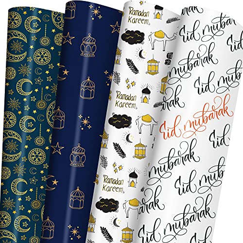 WAPLIGHAL Eid Wrapping Paper for Men Women Kids - Crescent Moon Stars Lantern Ramadan Kareemand Eid Mubarak Letter Designs - Islamic Gift Wrap for Eid al-Fitr Birthday Baby Shower - 20 X 29