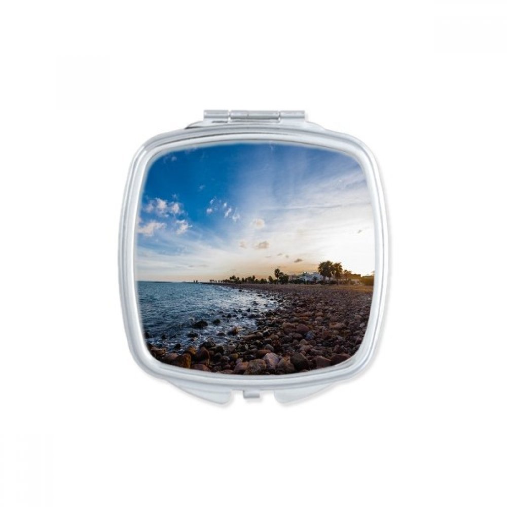 Miroir de poche carré imprimé océan et plage de pierre portable pour retouches maquillage