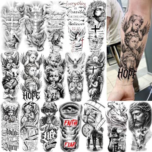 Image of Bilizar 17 Sheets Angel Jesus Temporary Tattoos For Men Women Adults Forearm Half Arm Sleeve Tattoo Sticker, Realistic Letters Fake Engraved Tattoos Family Dove Christian Faith Tatoos Body Art Durable