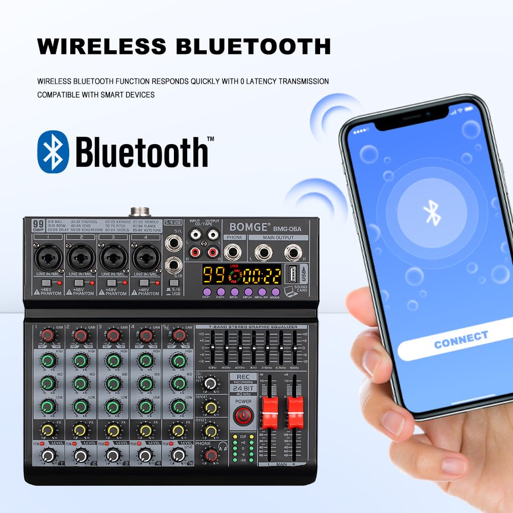 BOMGE Mixeur audio DJ professionnel 06 A 6 canaux, mixeur sonore avec 99 effets DSP, égaliseur 7 bandes indépendant, 48 V, interface Bluetooth USB, enregistrement pour studio, scène, fête,