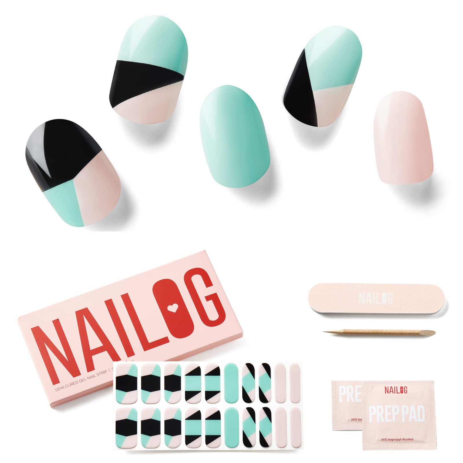 NAILOG Semi Cured Gel Nail Strips Light Green Black Nail Stickers - Three