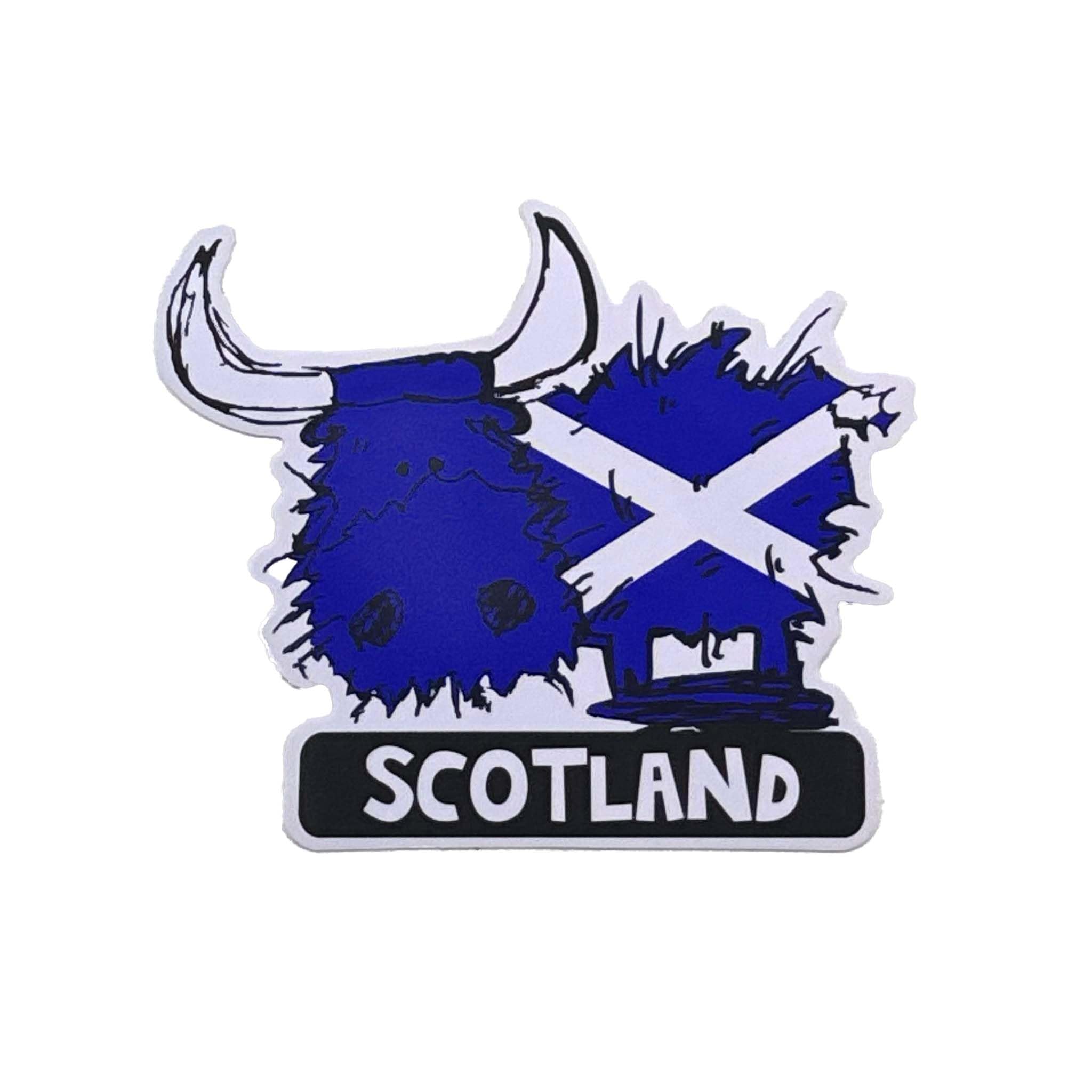 Must Have Souvenirs Blue, White, Purple Scottish Highland Cow Saltire Flag Sticker, Scotland Sticker, Highland Cow, Scotland Flag, Scottish Car Decal, Car Decal Scotland, Highland Cow Accessories