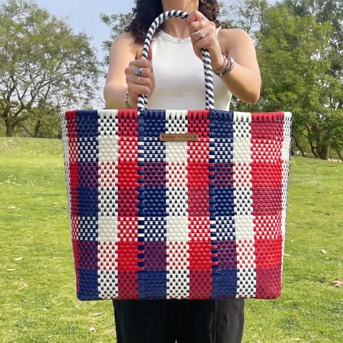 Image of MARIA VICTORIA Handwoven Plastic Mexican Tote Bag Large For Women, Waterproof, Lightweight, Multi-Color Design, Perfect for the Beach, Shopping, and Everyday Use, Americana250 Large