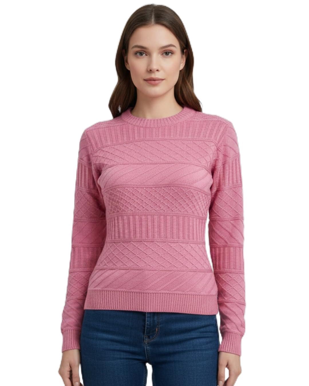 Women Pink Full Sleeve Knitted Top | Round Neck Textured Pullover Sweater for Casual Wear, Office Use, Winter Styling and Daily Comfort-image-29