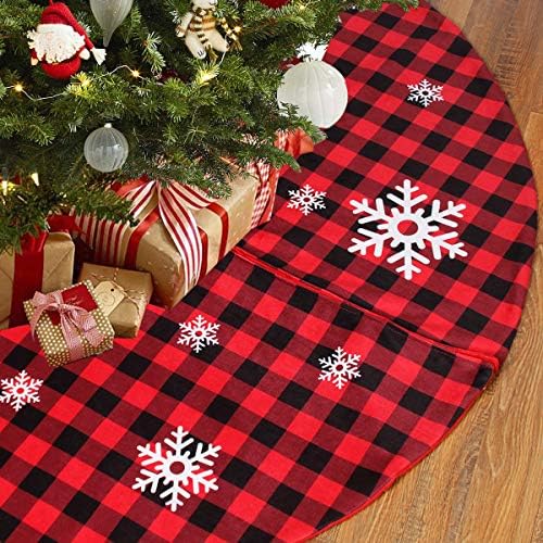 Christmas Tree Skirt Red and Black Buffalo Check Plaid Tree Skirt Snowflake Design, 48inch Double Layer Farmhouse Rustic Xmas Tree Skirts for Christmas Decorations, New Year House Decoration Supplies