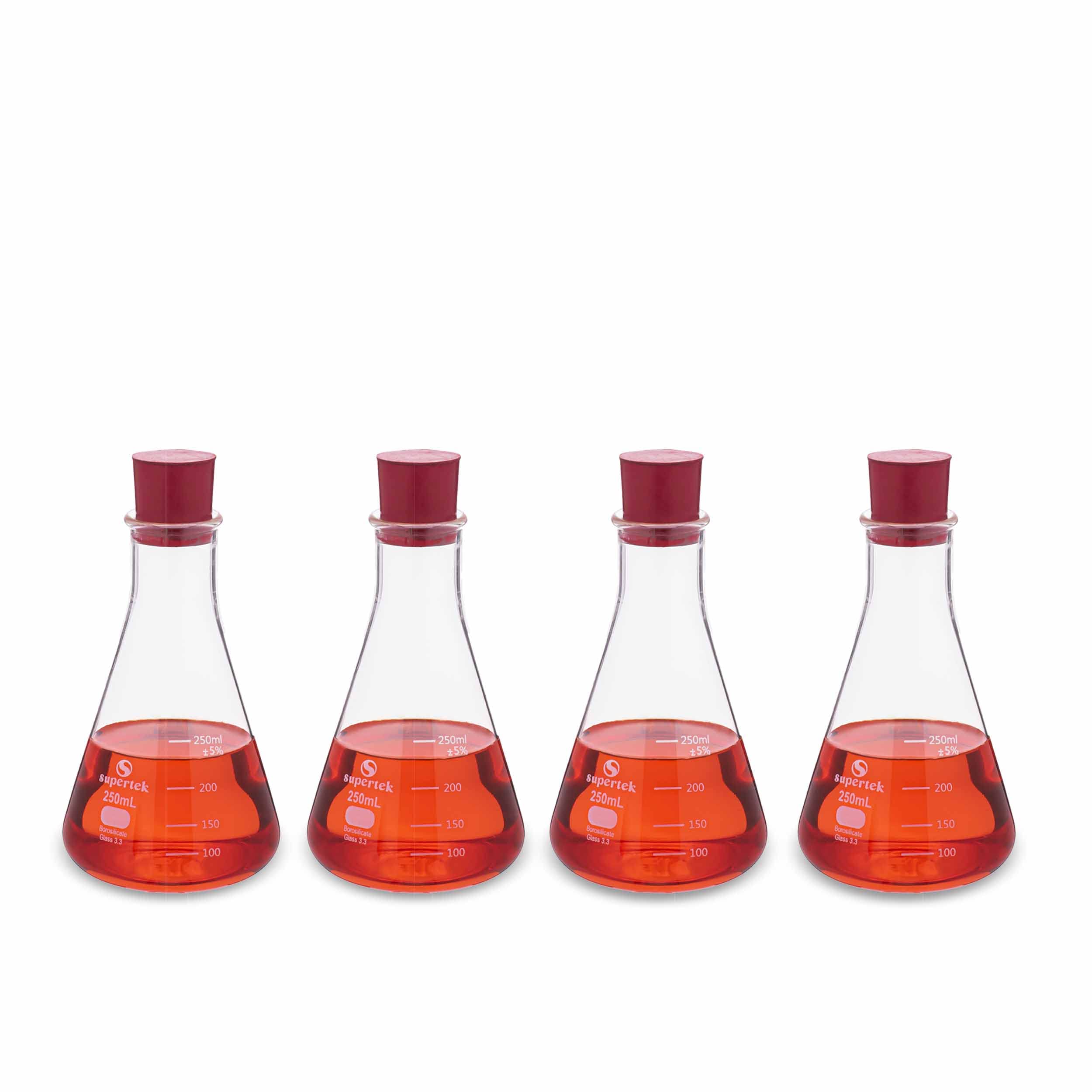 Supertek Transparent Conical Flask with Rubber Stopper (Cork) 250 ml each | Narrow Neck | Borosilicate Glass 3.3 Multi-purpose Flask for Chemistry Lab Experiments | Filtration Heating | Pack of 4